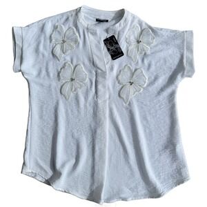Ava & Grace Petite White Floral Applique Beaded Short Sleeve Blouse PL‎ NEW
